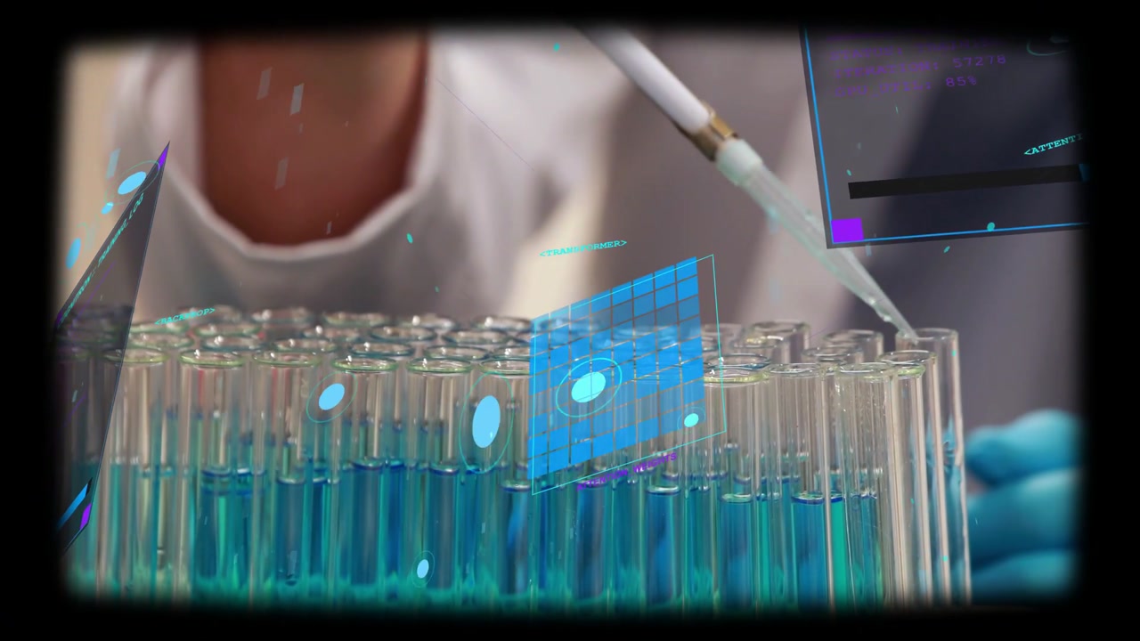 Lab tech inserting pipette and pipetting across test tube rack, HUD tracking transfers for assay