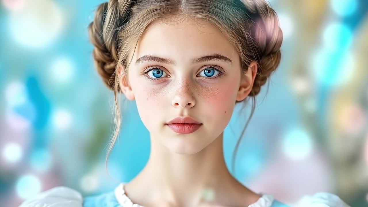 파란 눈과  드레스를 입은 어린 소녀