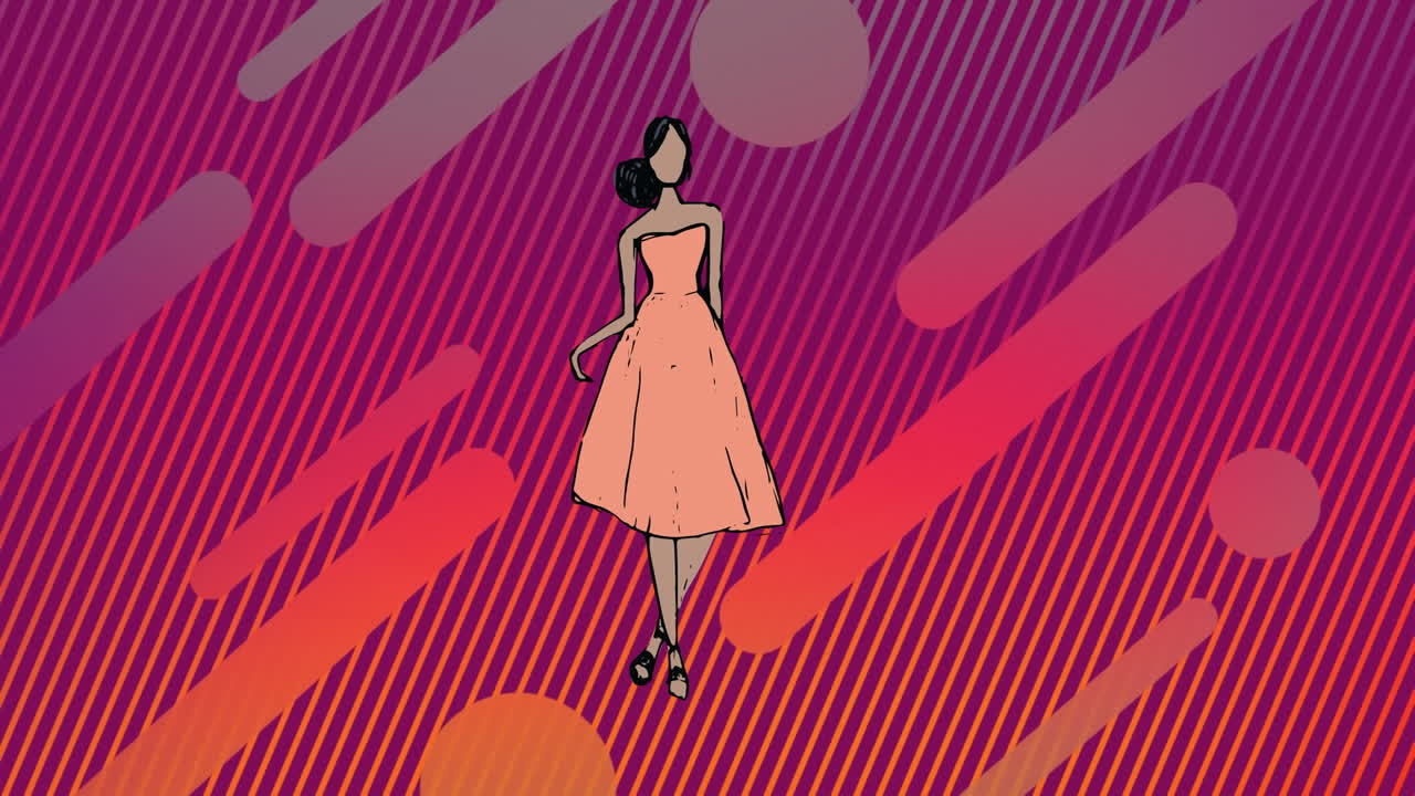 animación de un modelo de moda sobre un fondo geométrico rosa