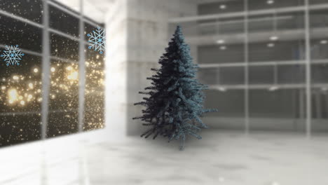 animation of christmas tree over room, snowflakes and shooting star