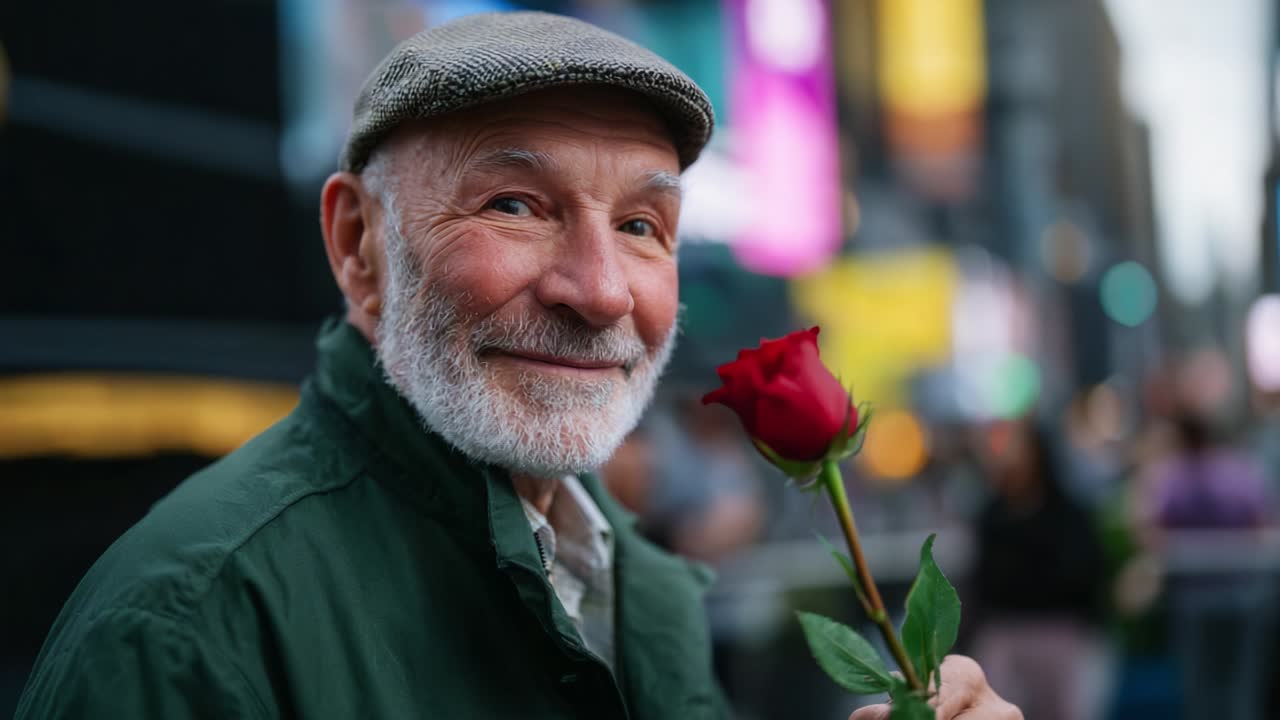 A Joyful Elderly Man in Times Square Holding a Rose, Radiating Warmth and Happiness Against a Colorful Urban Backdrop, Celebrating Life's Simple Moments and Connections with Nature and Loved Ones
