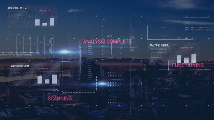 Animated cityscape with lit buildings at sunset on a green screen
