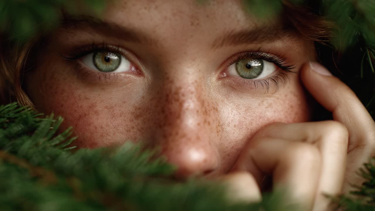 A Close-Up Portrait of a Young Woman Framed by Greenery, Capturing Her Striking Green Eyes and Delicate Freckles, Evoking a Connection to Nature and Tranquility