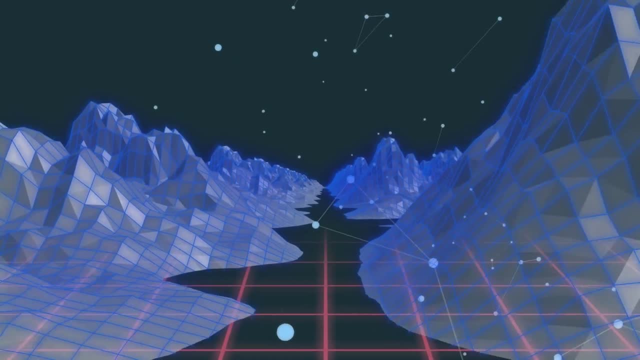 Animation of data processing over blue mountains on grid background