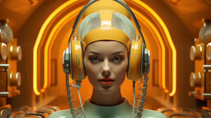 female tech headphones and space age vr headsets made with AI