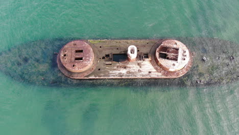 Elevated-drone-view-of-HMAS-Cererus-sunken-off-of-the-coast-of-Black-Rock,-Melbourne,-Australia