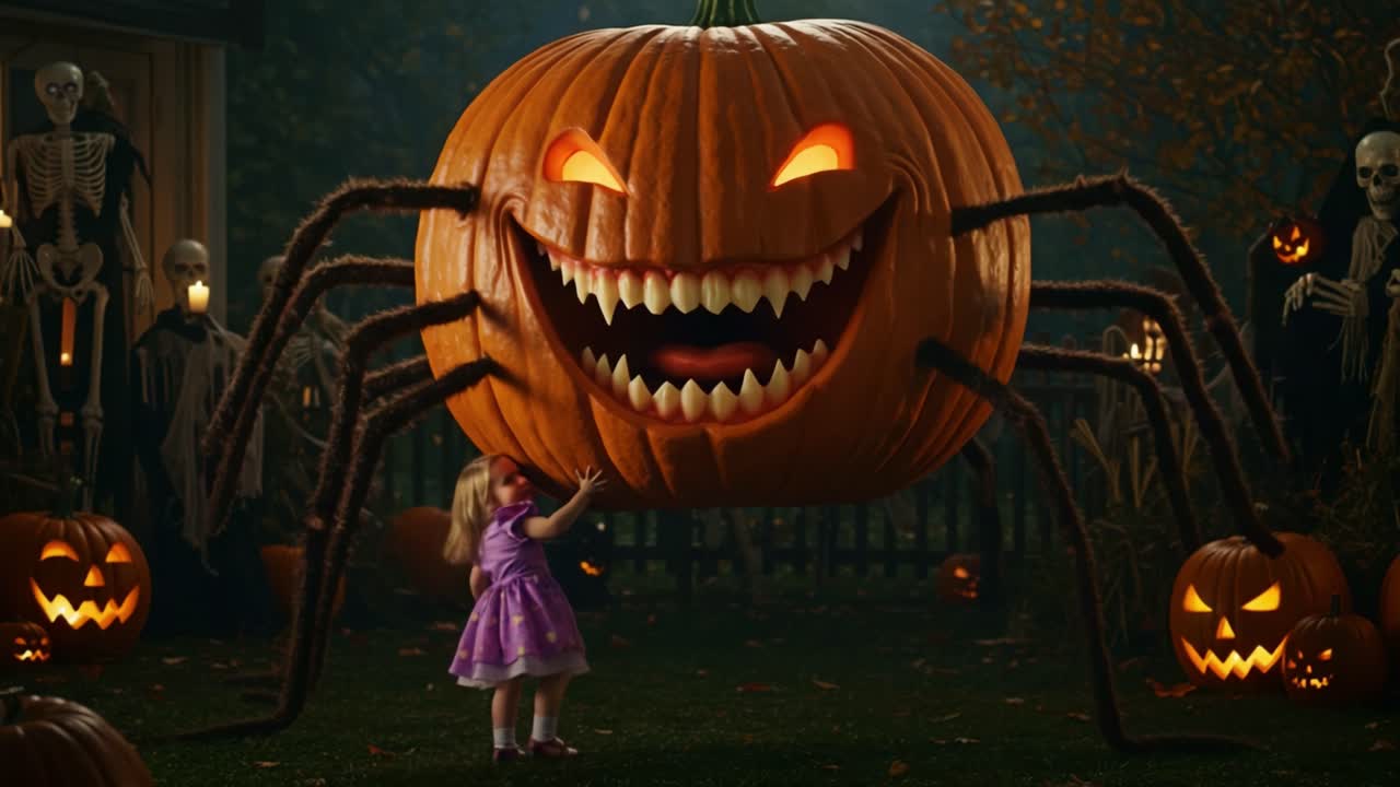 A Terrifying Yet Playful Encounter with a Giant Pumpkin Spider: A Young Child Approaches the Gigantic Halloween Creature Surrounded by Spooky Decorations