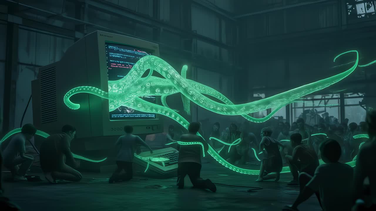 Creative technology festival takes place in abandoned warehouse with glowing octopus-like installation