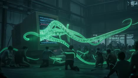 creative technology festival takes place in abandoned warehouse with glowing octopus-like installation