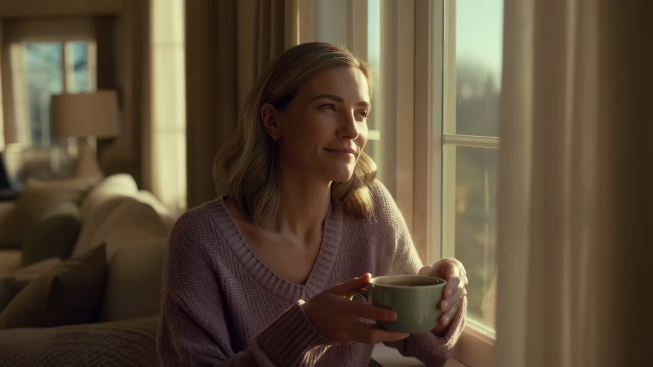 Woman enjoying a warm drink by a sunlit window