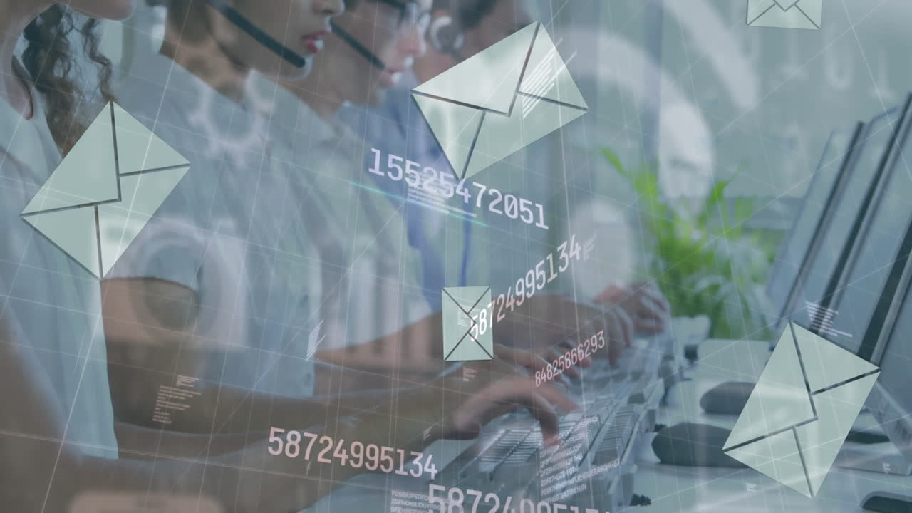 Animazione di icone digitali, buste e numeri su professionisti che usano cuffie telefoniche
