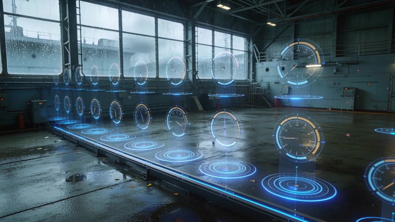 Activating holographic system projecting blue pads and rotating dials in bay via right-side console