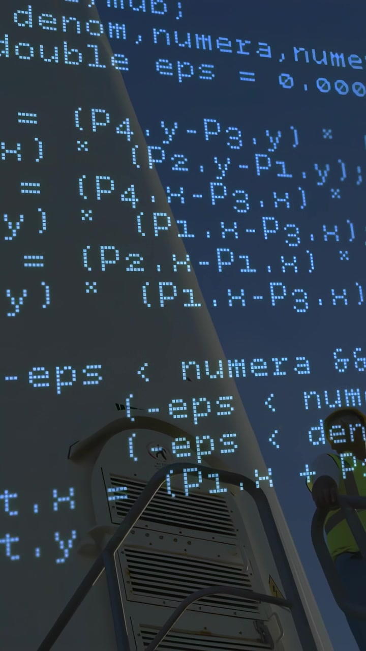 Vertical video: Camera panning, ramp worker holding rail for safety check under blue code overlay