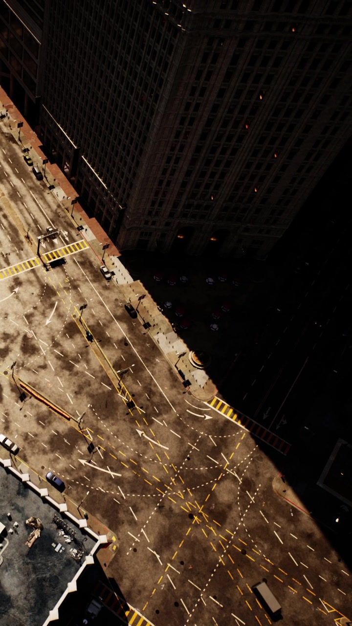 Busy intersection in a city with shadows and light during daytime hours