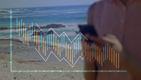 animación de gráficos sobre mujer caucásica escribiendo en el teléfono móvil mientras está de pie contra el mar