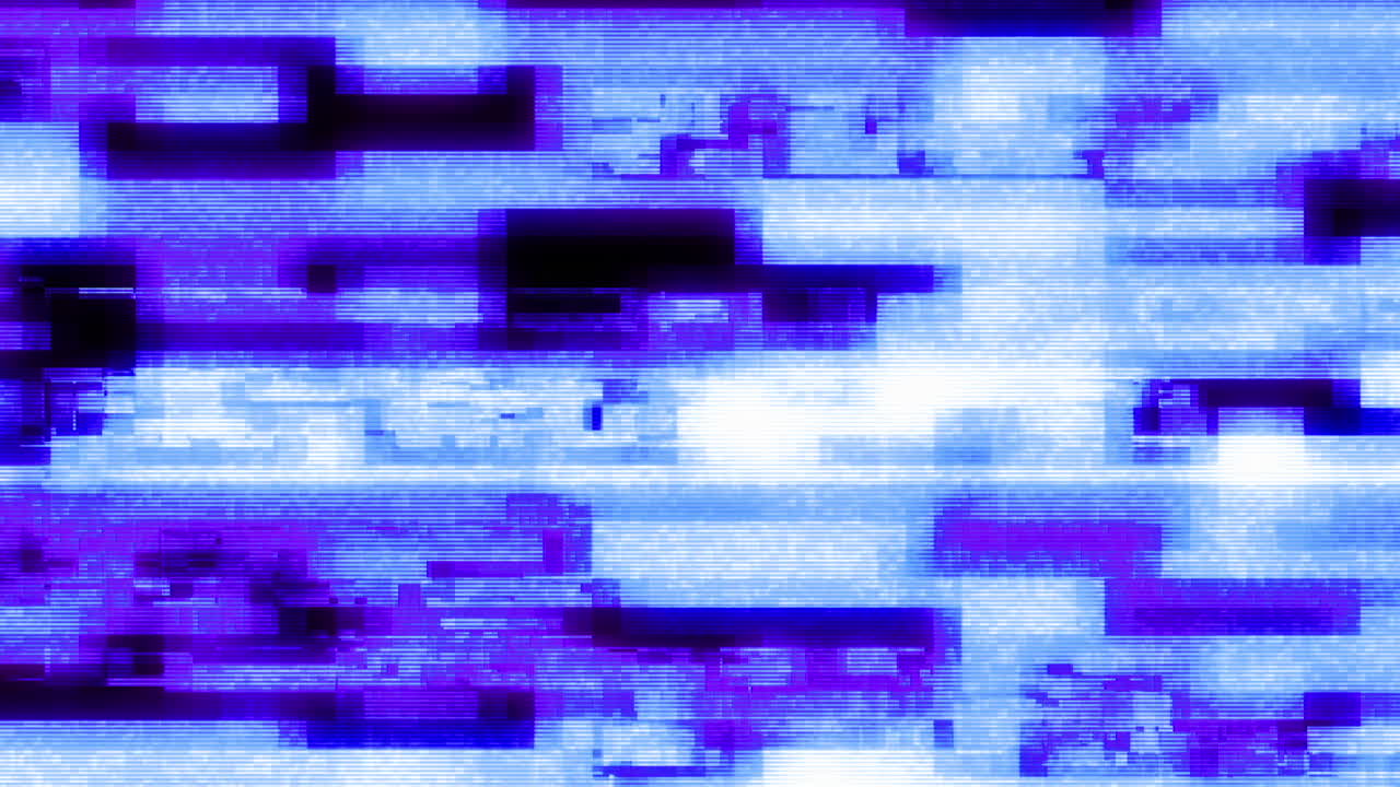 Abstract Digital Glitch Effect with Flickering Blue and Purple Blocks