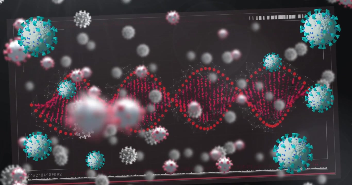 Animazione di cellule virali su DNA e sfondo nero