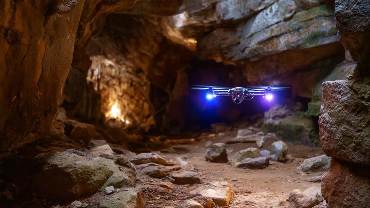 Průzkum tajemných jeskyní s high-tech drony: Cesta temnými jeskyněmi osvětlenými neobvyklými světly a fascinujícími skalními útvary