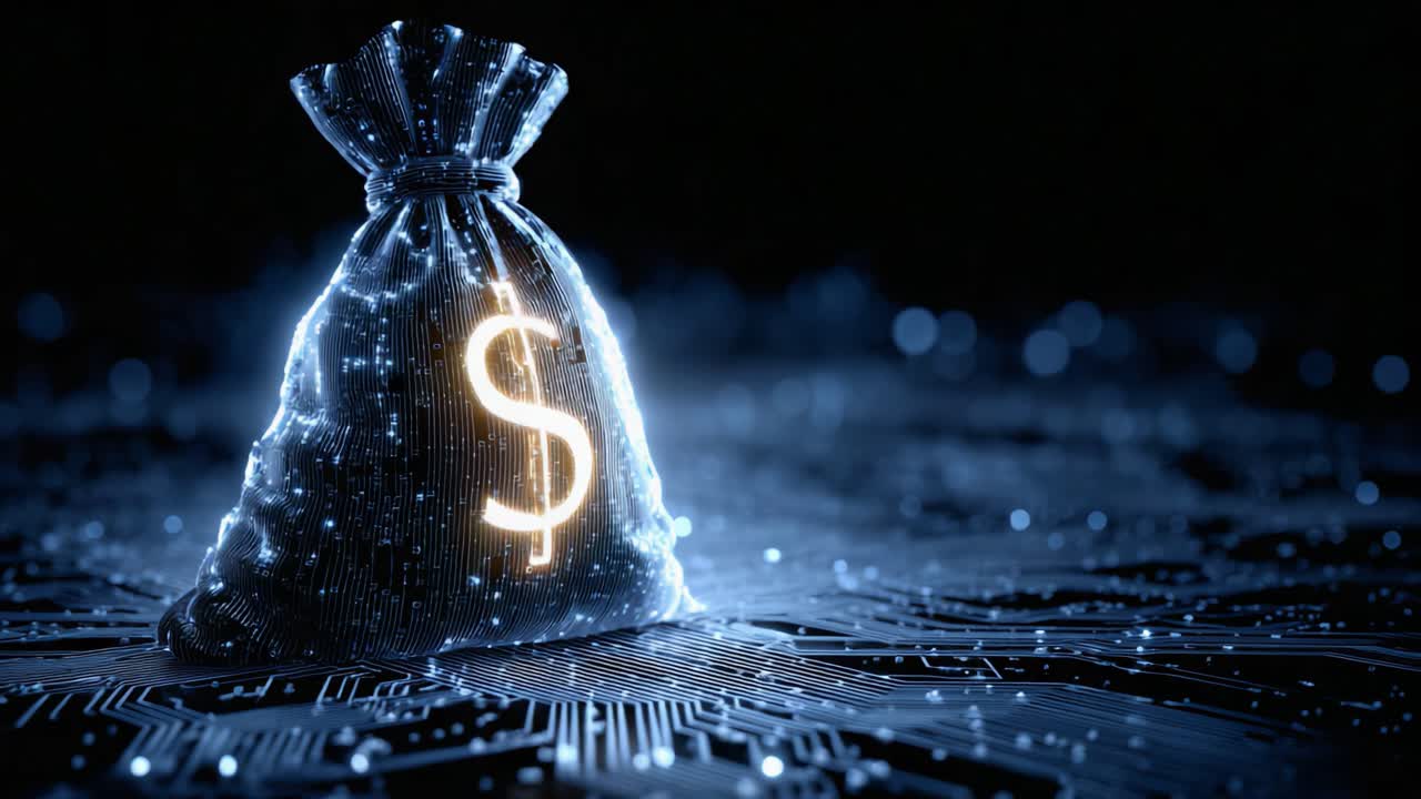 Digital Treasure: A Glowing Money Bag Illuminating the Future of Currency and Financial Technology in a Virtual Landscape