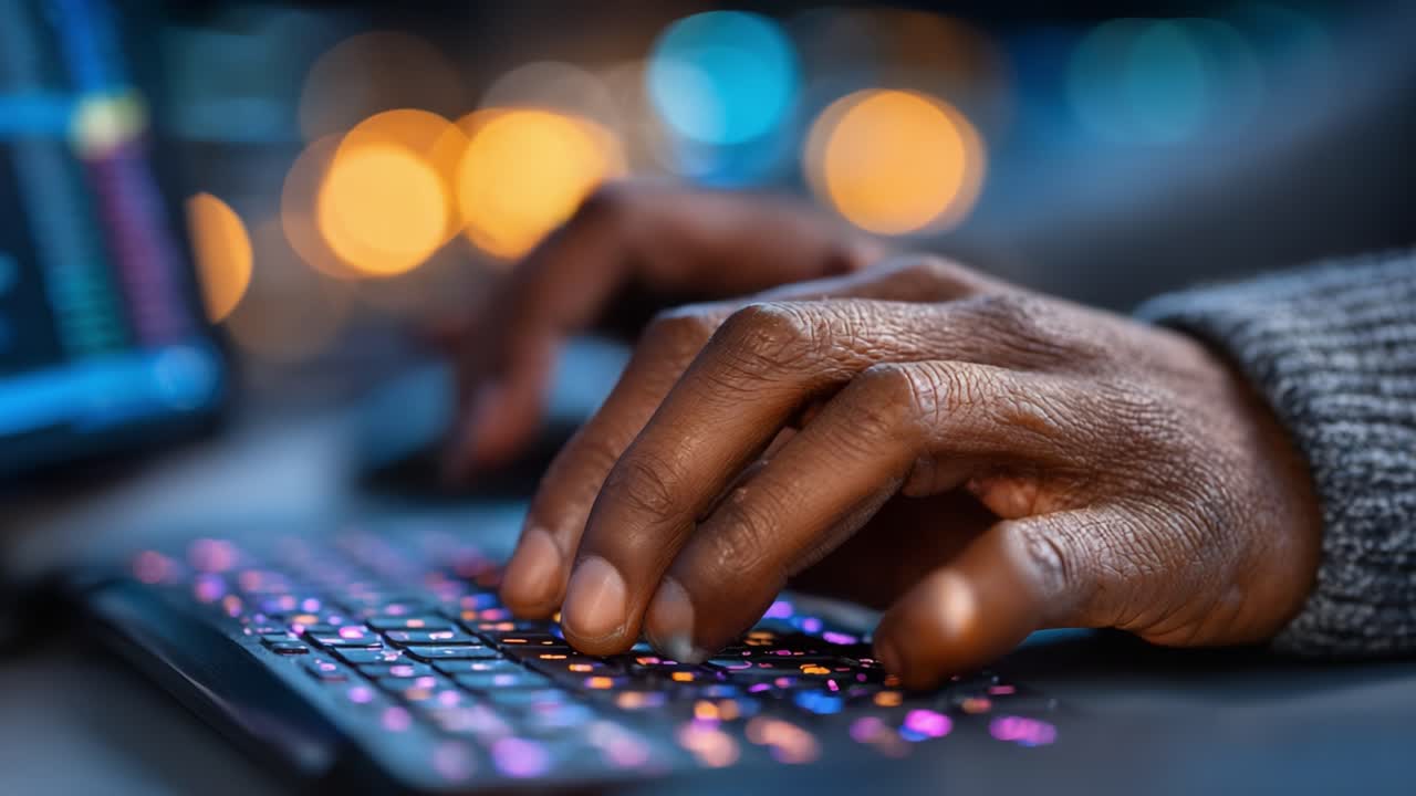 A Close-Up of a Hand Typing on a Colorful Backlit Keyboard, Showcasing Modern Technology in a Dimly Lit Environment with Blurred Colorful Background Lights