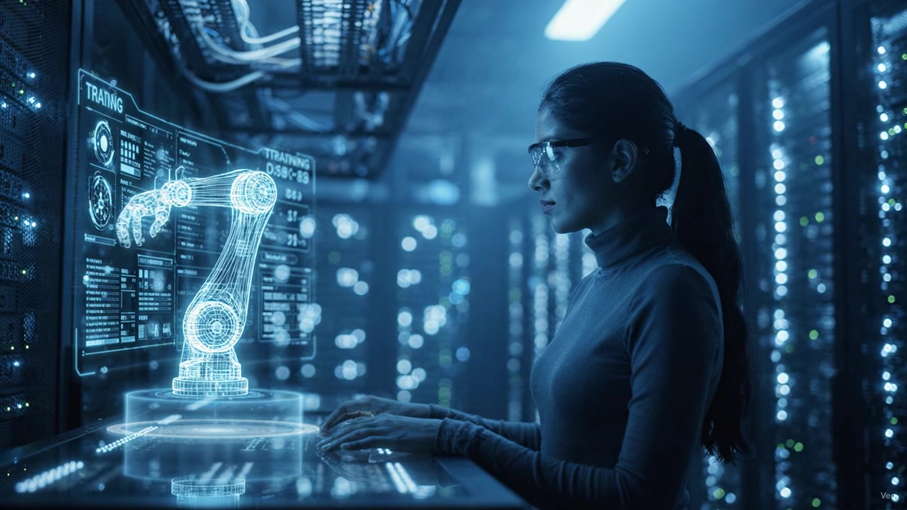 A woman interacts with a holographic robotic arm display in a high-tech server room, showcasing advanced technology and artificial intelligence integration.