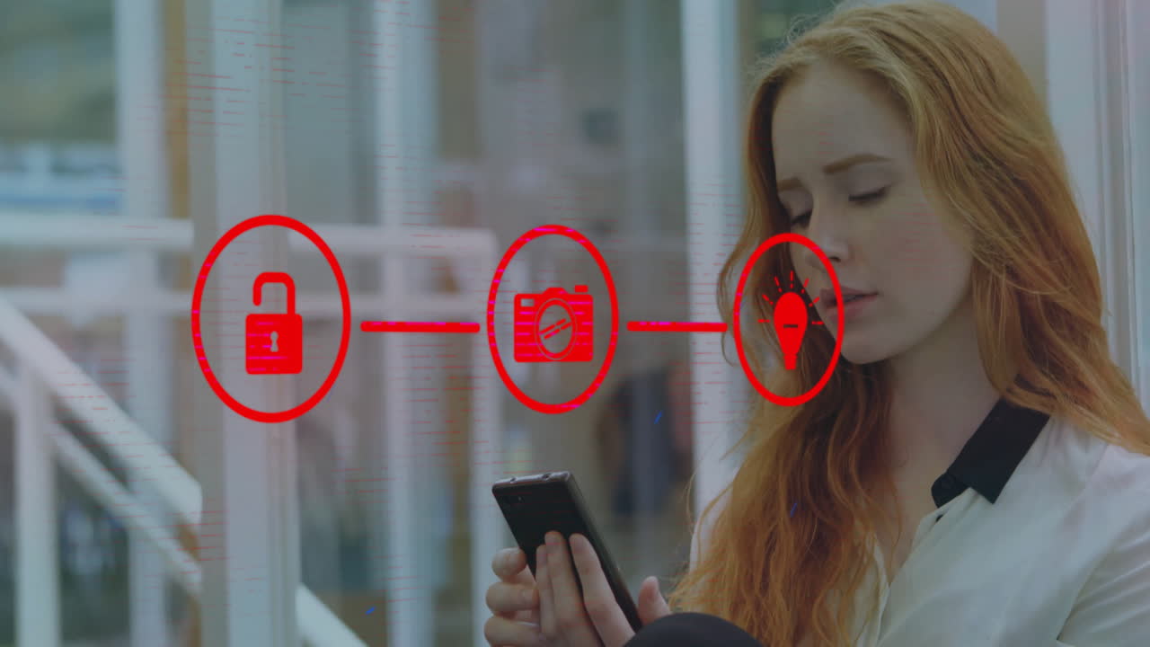 animación de una red de conexiones con iconos sobre una mujer caucásica usando un teléfono inteligente