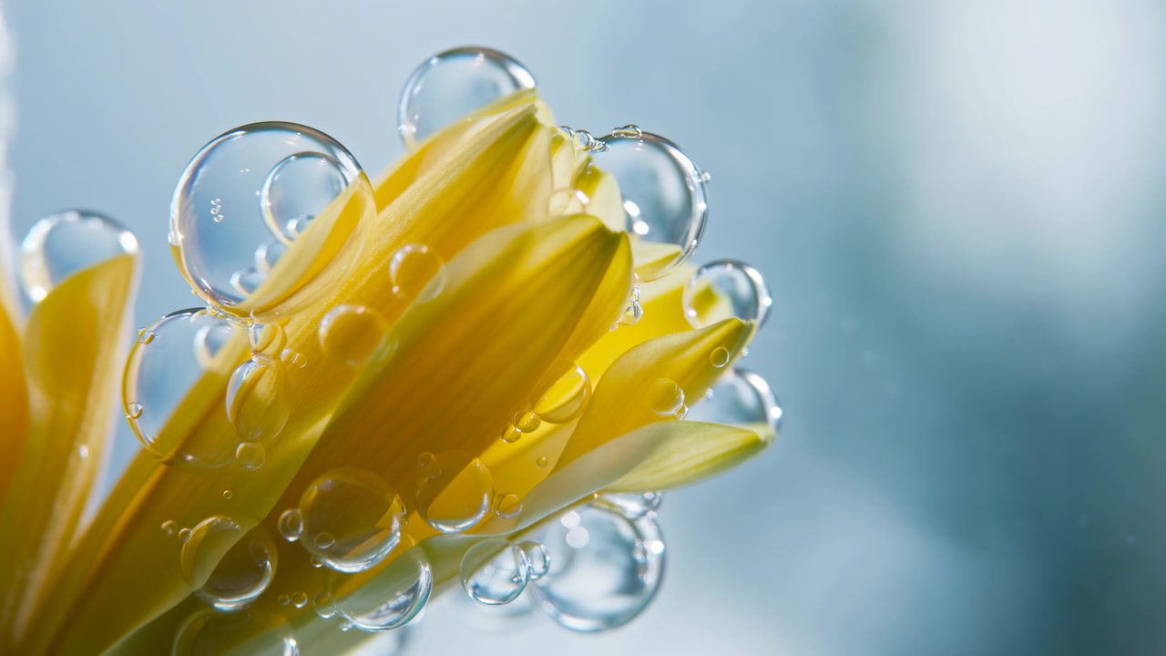 Primo piano di petali o boccioli di fiori gialli che riempiono il lato sinistro dell'inquadratura, circondati da bolle trasparenti contro uno sfondo blu leggermente sfocato con una delicata luce naturale e un'atmosfera astratta e calma