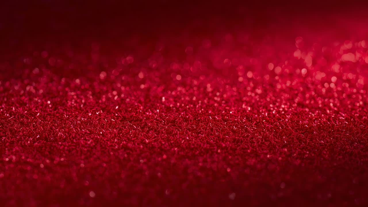 Racking focus and shifting light revealing red glitter flakes, shimmering to show sparkle in studio