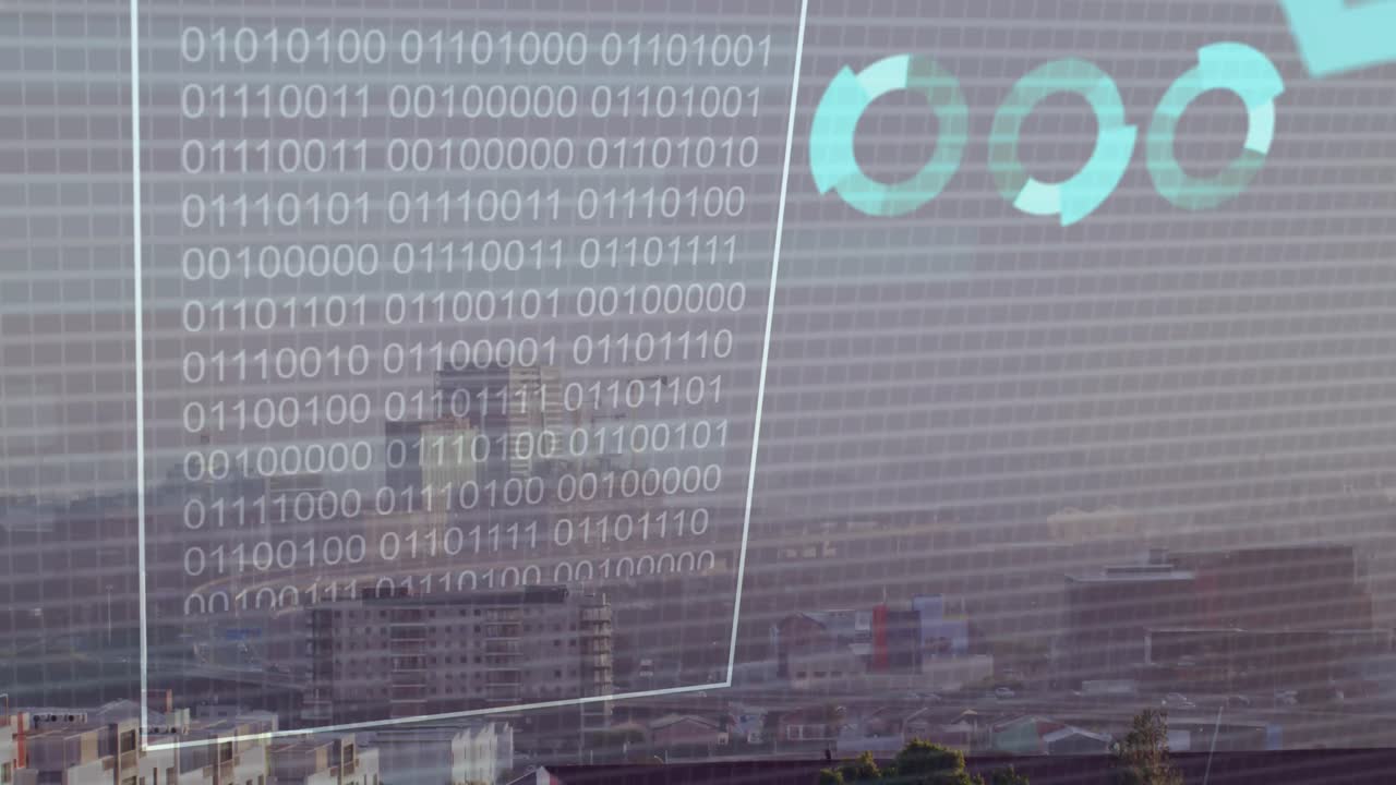 Animation of financial data processing and binary coding over cityscape