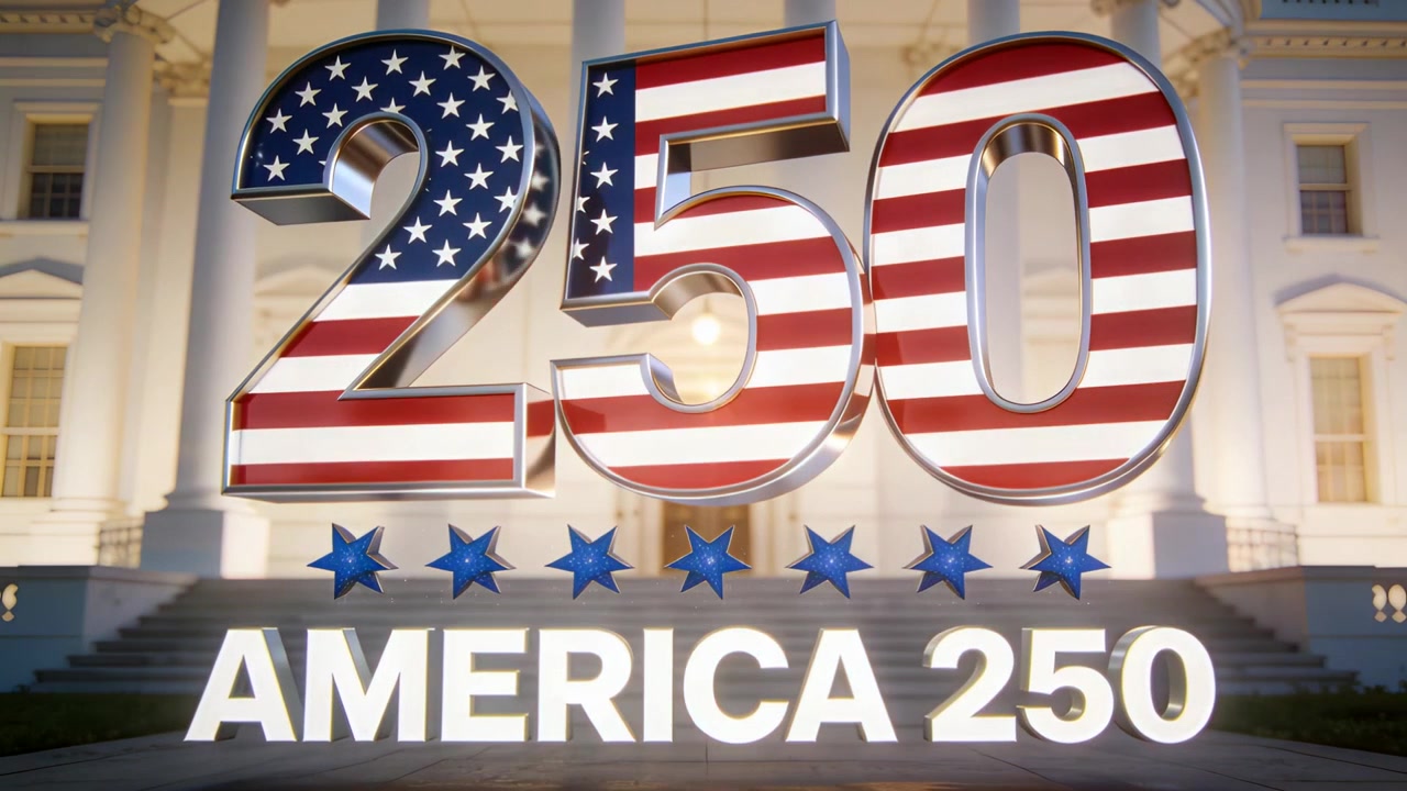 Bagliore dell'obiettivo che appare passando attraverso il 5, illuminando il logo cromato 250 davanti alla facciata che mostra AMERICA 250