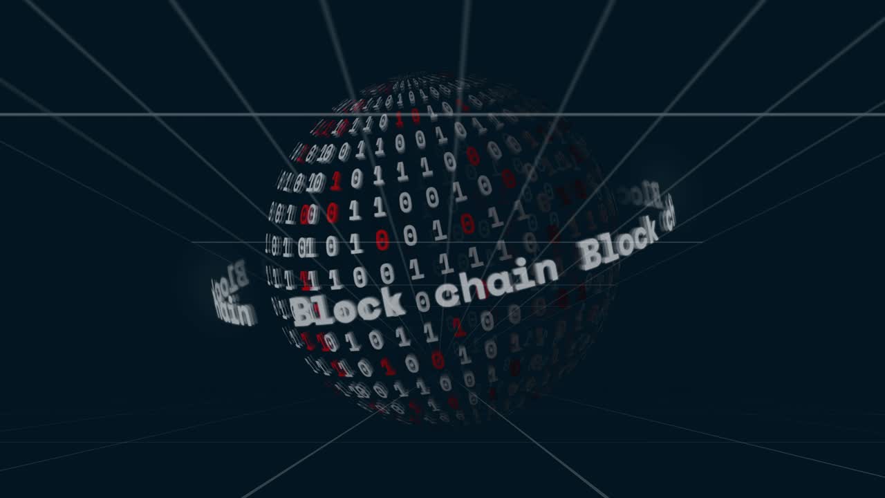Upon grid convergence binary sphere rotating with scrolling Block chain band visualizing blockchain