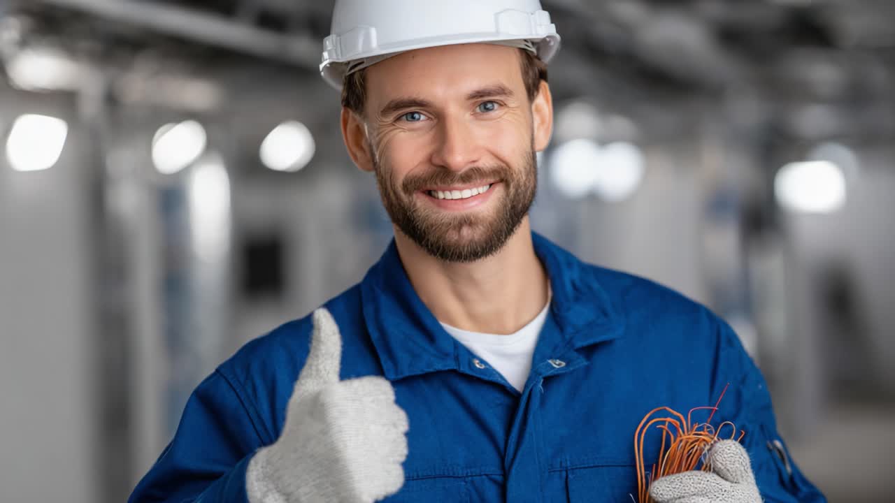 Operaio edile sorridente con indumenti protettivi che fa il pollice in su, sottolineando positività e professionalità nell'ambiente di lavoro