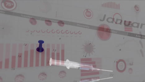 animation of data processing on white background over syringe and calendar