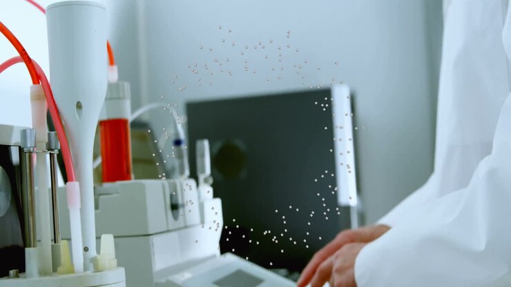 Working in laboratory, scientist analyzing data with animation overlaying scene