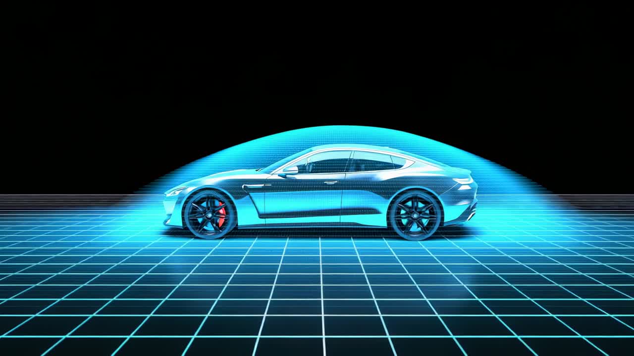 Sliding neon lines illuminating electric sedan on digital grid, with underbody glow and rising dome