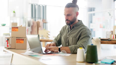 business man, typing and laptop for box logistics