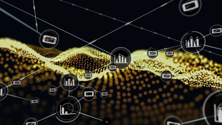 Animation of network of connections with icons over mesh and black background