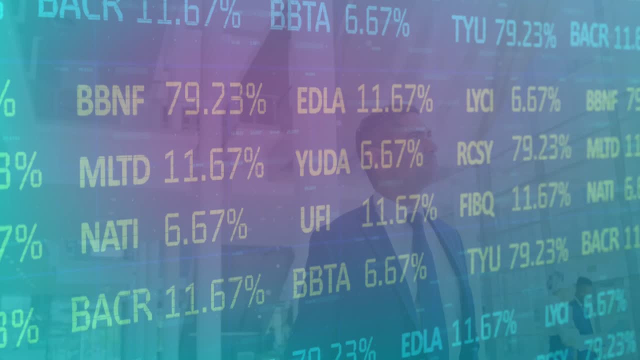 Animation of trading board over caucasian businessman walking in business park