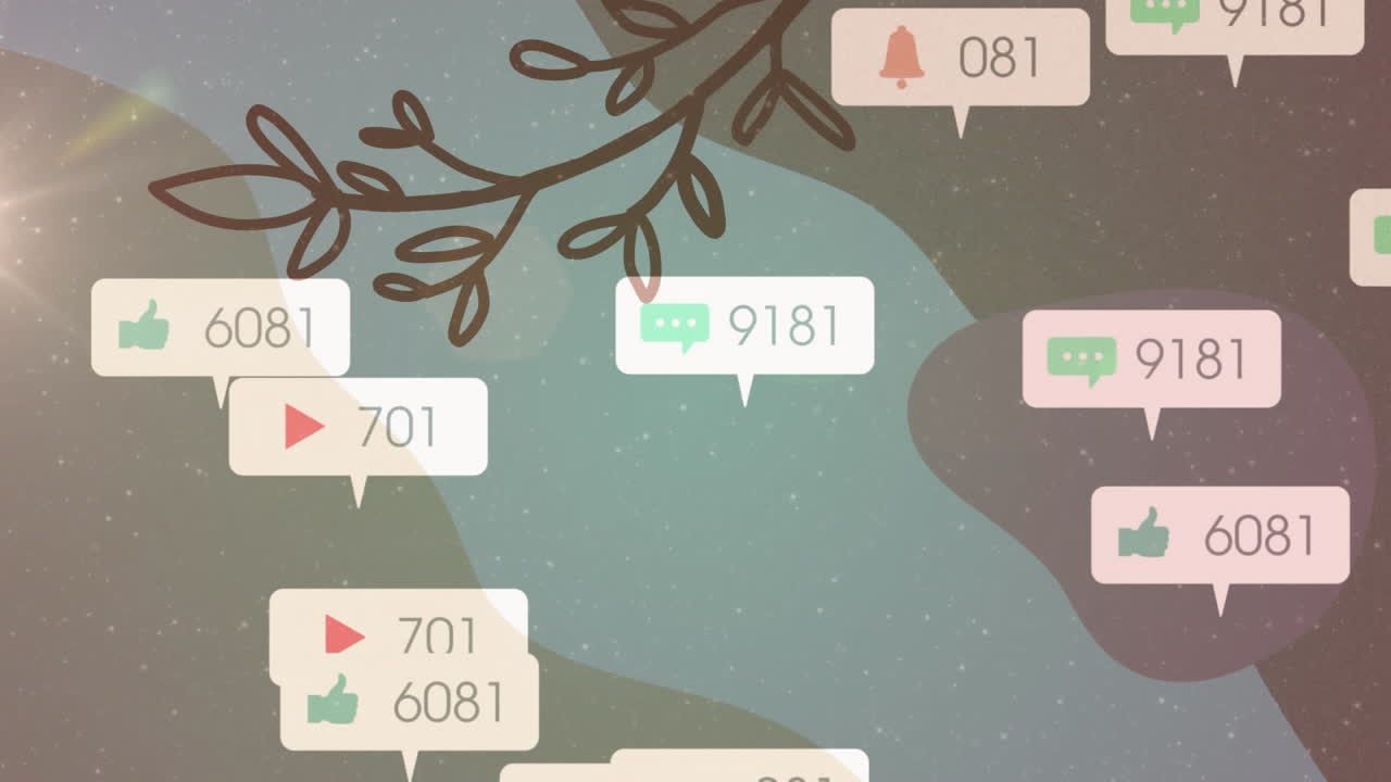 다채로운 배경에 있는 소셜 미디어 알림의 애니메이션