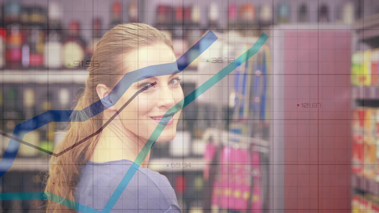 Female shopper walking retail aisle, reaching product causing grid and line graphs spanning face