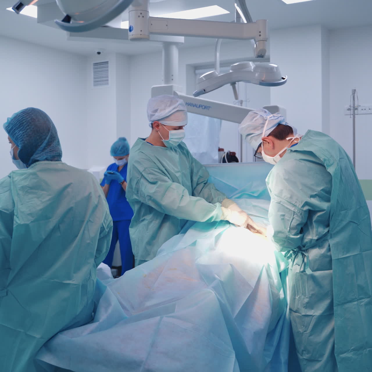 Medical team performing operation. Group of surgeon is working in operating theatre.