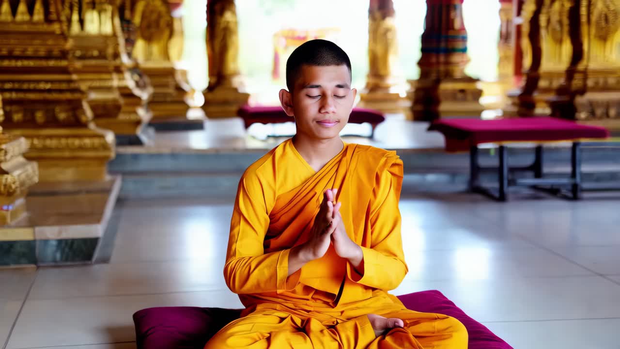 Monje budista meditando en un templo