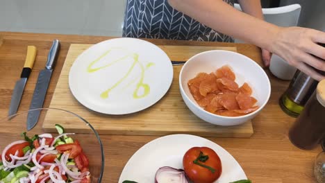 preparing a salmon salad