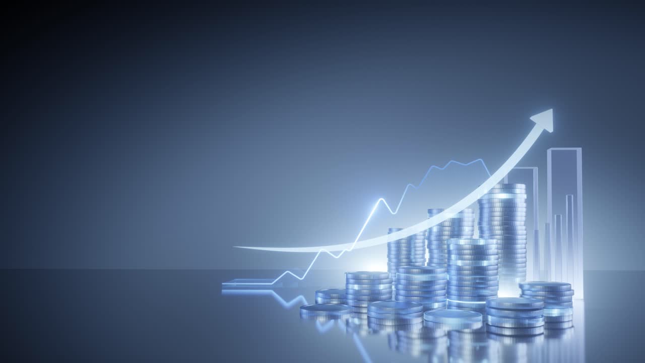 Blauer Hintergrund für Finanzen, transparente Würfelgrafik, silberne Münzen