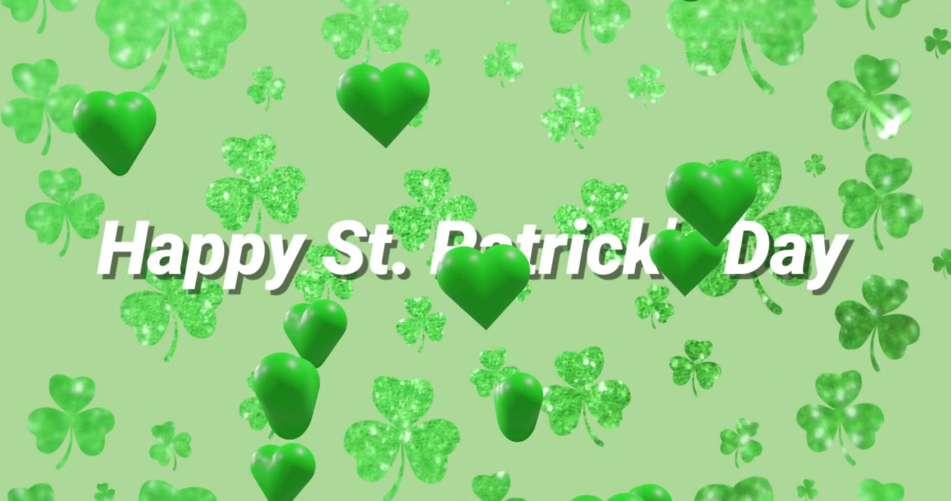 Starting white text HappyStPatricksDay sliding left, 3Dgreen hearts drifting obscuring celebrating