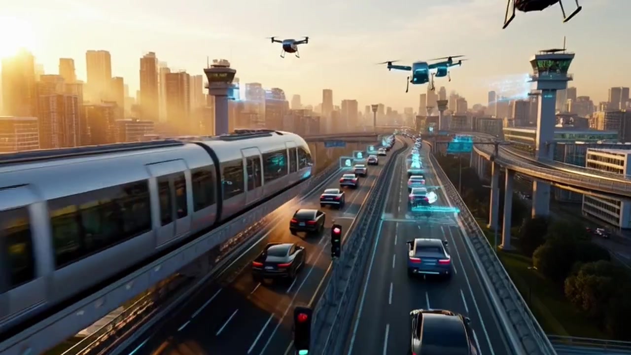 Futuristic City Highway with Autonomous Vehicles and Flying Drones