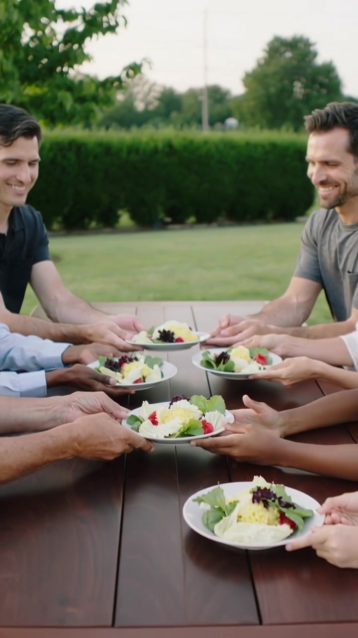 Video vertical: Grupo informal pasando, incitado por el inicio de la comida, sosteniendo platos con ensalada en una mesa de jardín.