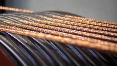 production of copper cable. rotating shafts with copper wire.