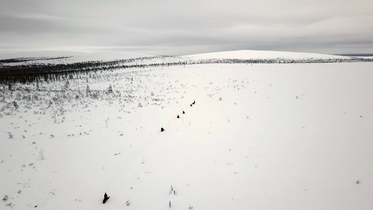 사리셀카, 라플란드, 핀란드에서 스노우스쿠터를 타는 드론 보기