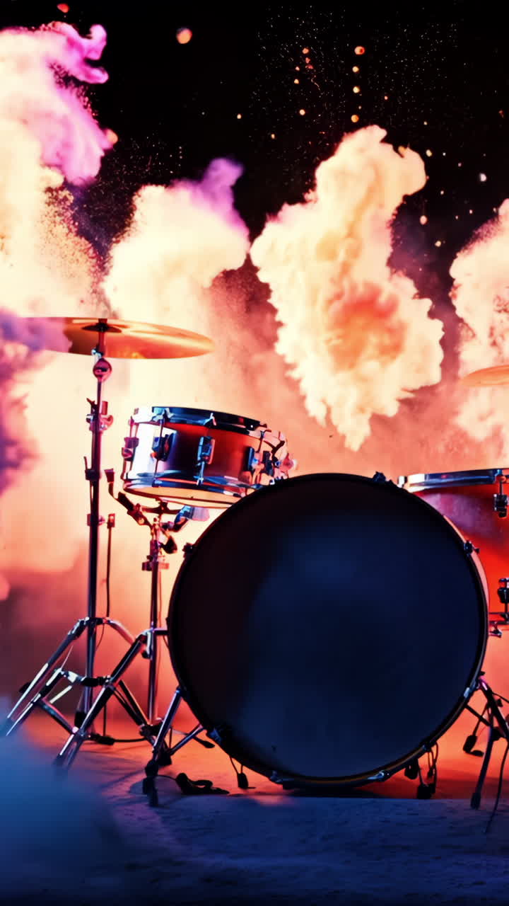 A drum set is surrounded by a cloud of blue and red smoke. The drum set is the main focus of the image, and the smoke adds a sense of chaos and energy to the scene